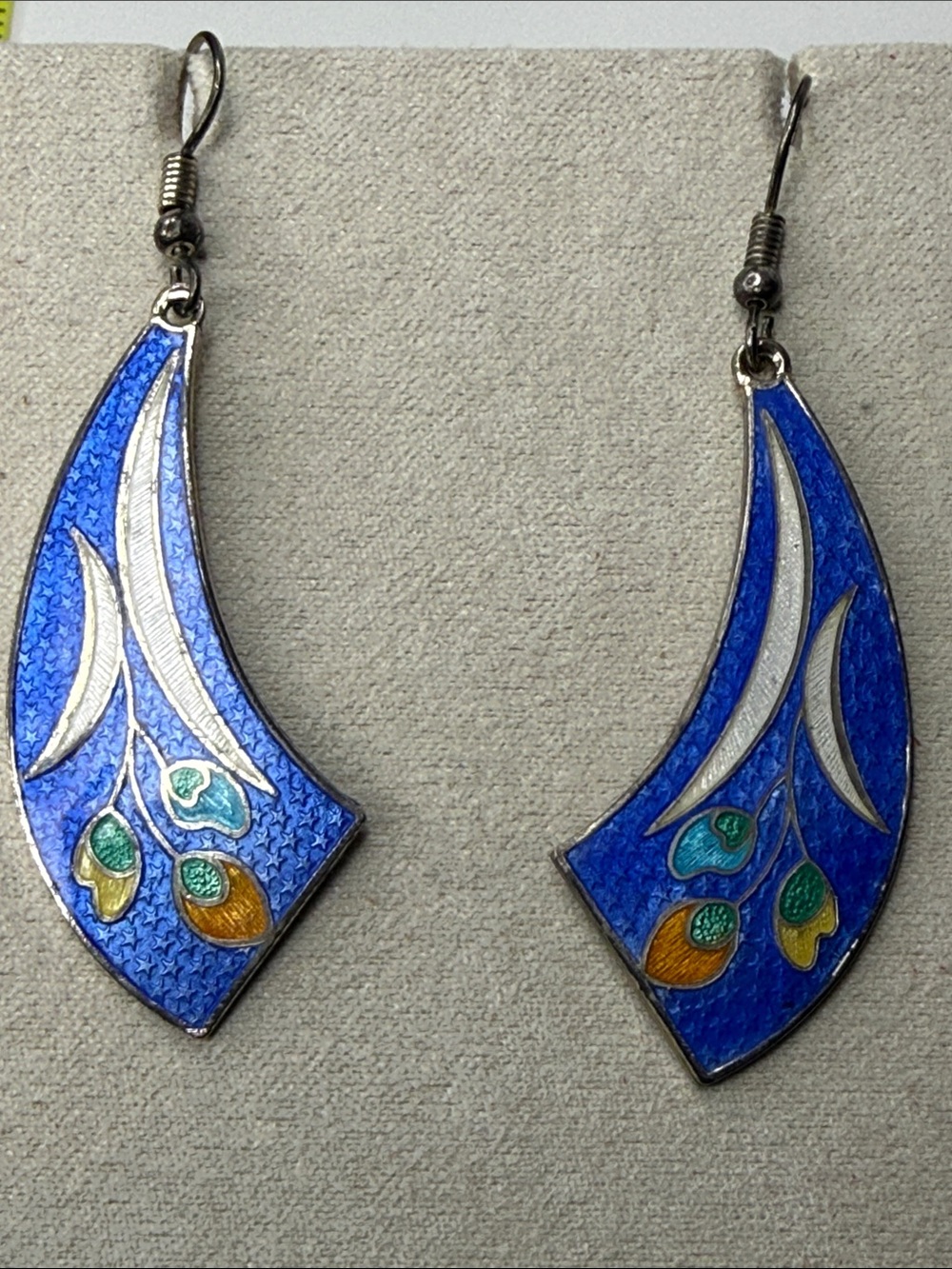Vintage gorgeous Blue Enamel Teardrop Drop Earrings floral cloisonné stunners